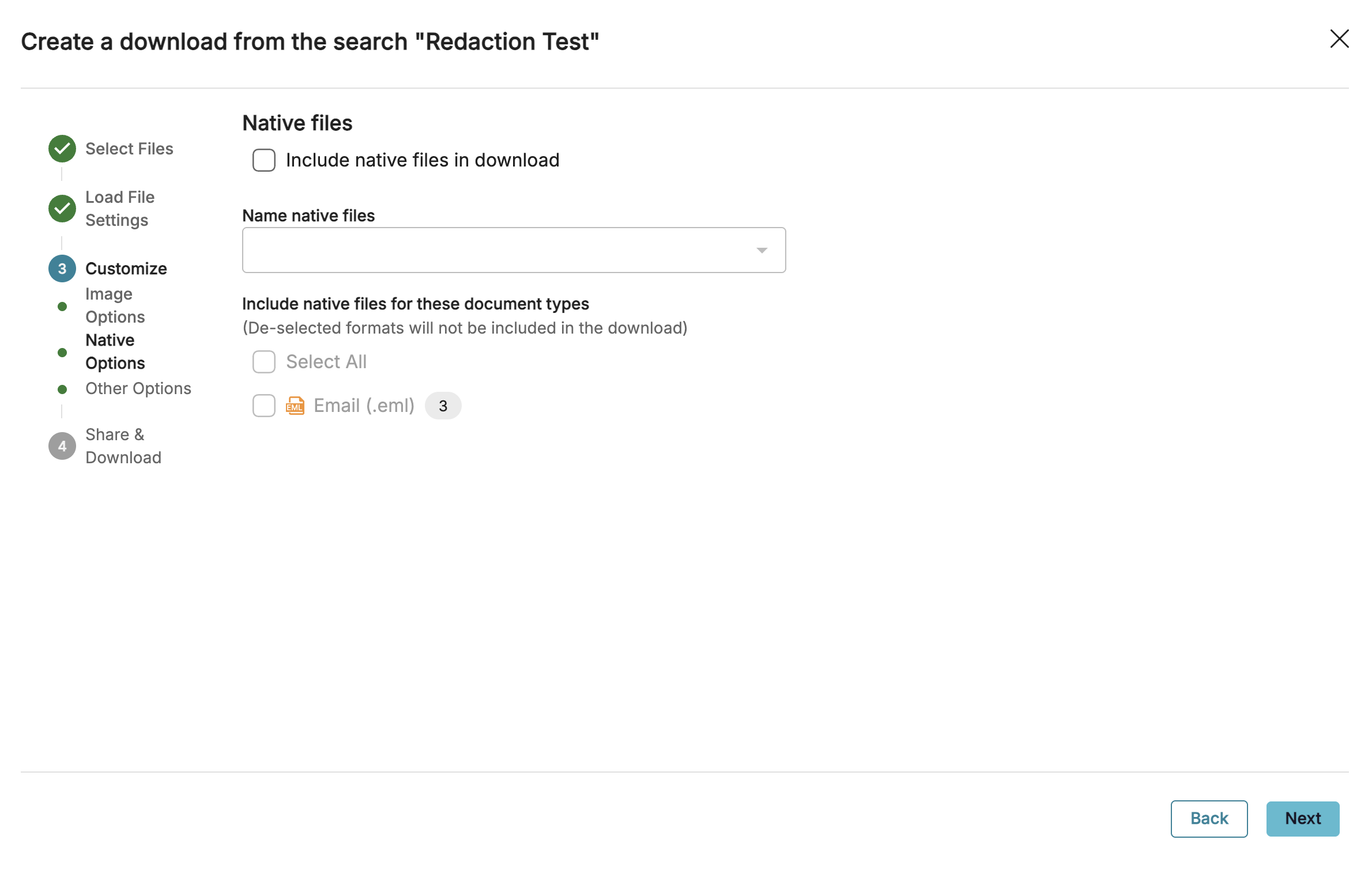 Options for downloading native files from the search 'Redaction Test' interface.